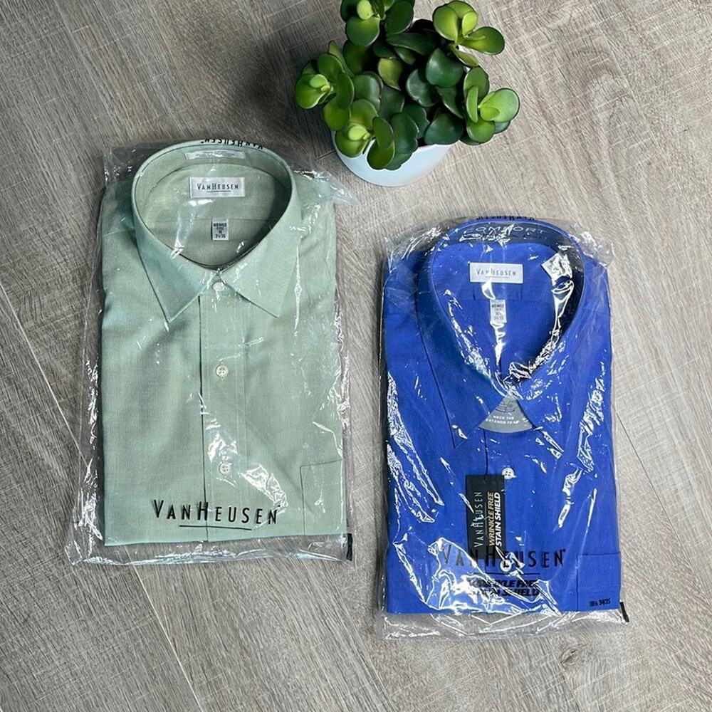 VAN HEUSEN Blue Green Wrinkle Free Long Sleeve Dress Shirts Size 16 Neck 34/35